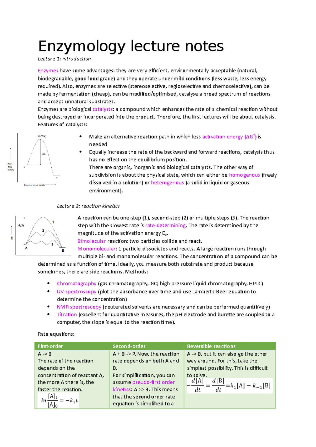 Enzymology Lecture Notes - Enzymology Lecture Notes Lecture 1 ...