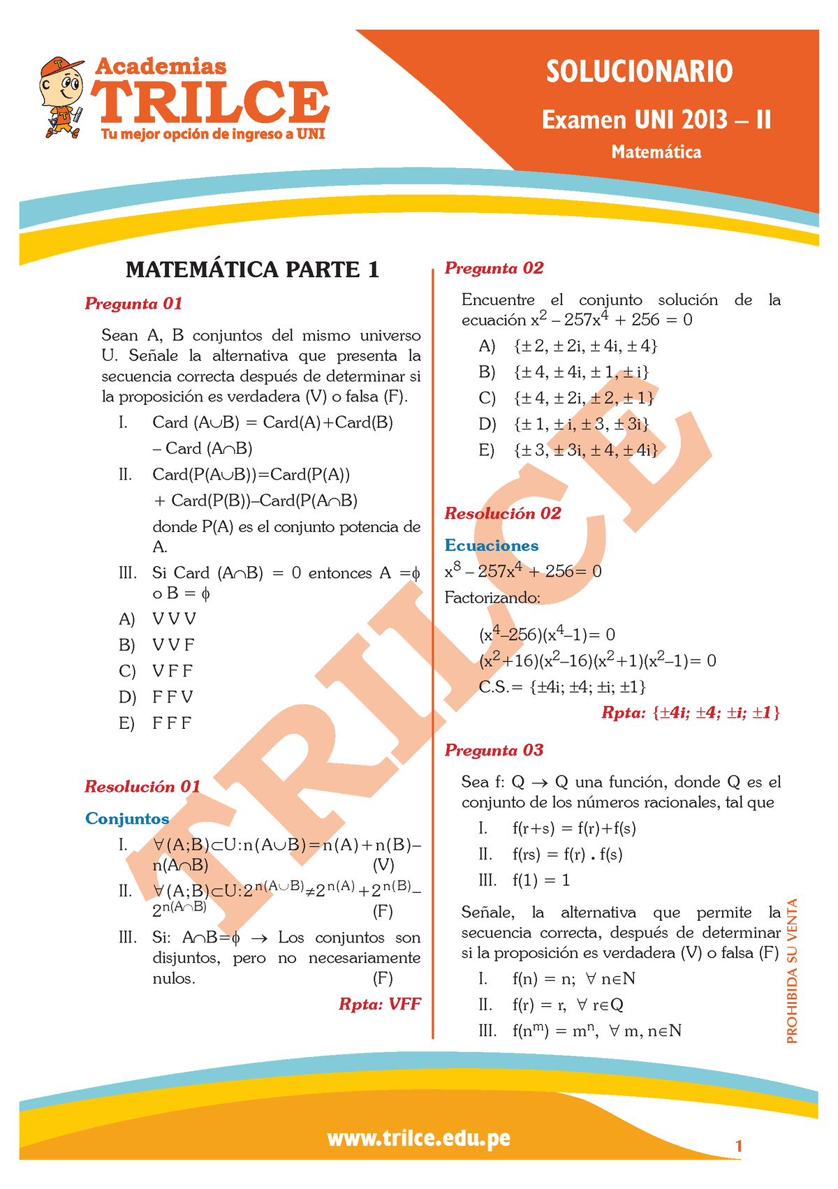 Solucionario Uni 2013 Ii Matematica - PROHIBIDA SU VENTA Trilce.edu 1 ...