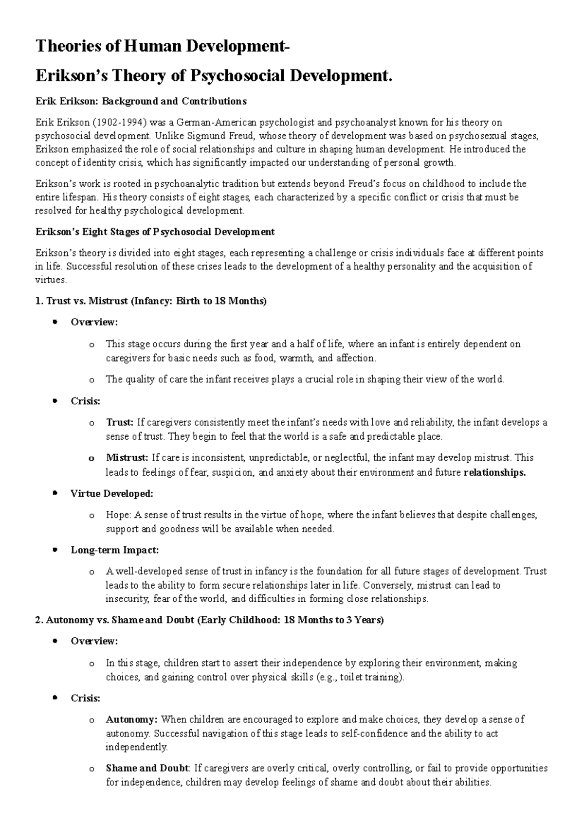 Erikson's theory Summaries for the lectures Theories of Human