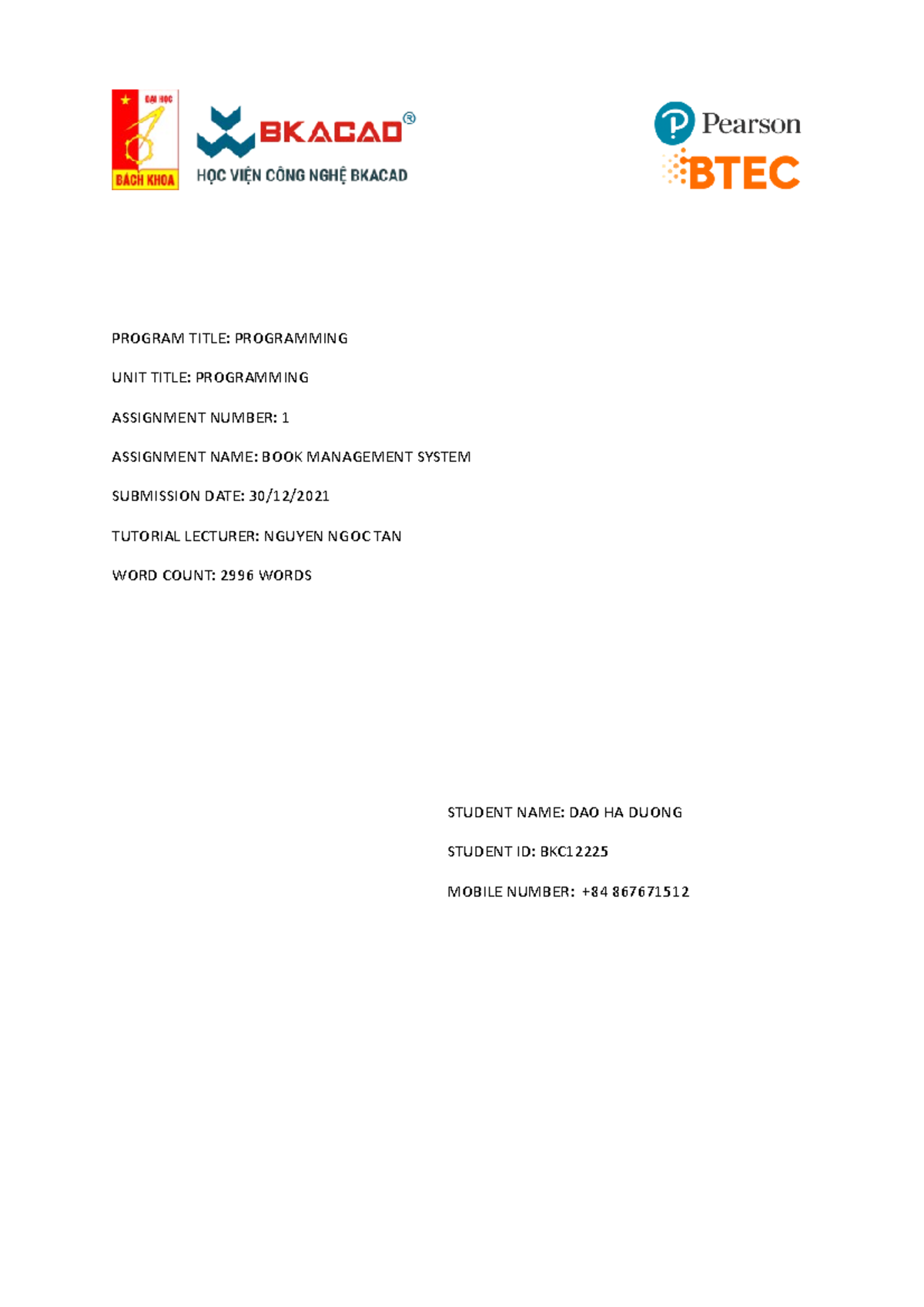 Assignment Programming Part 2 - PROGRAM TITLE: PROGRAMMING UNIT TITLE ...