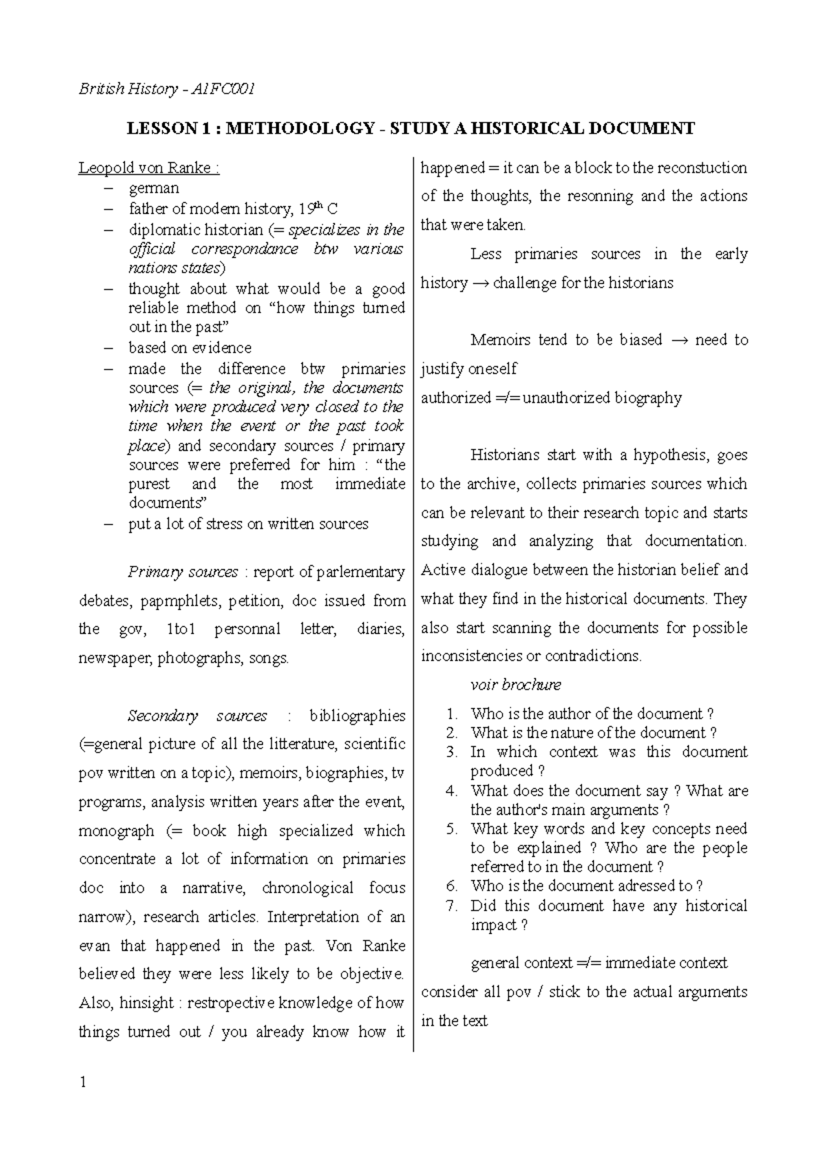 1 - 2 pages - British History - A1FC LESSON 1 : METHODOLOGY - STUDY A ...