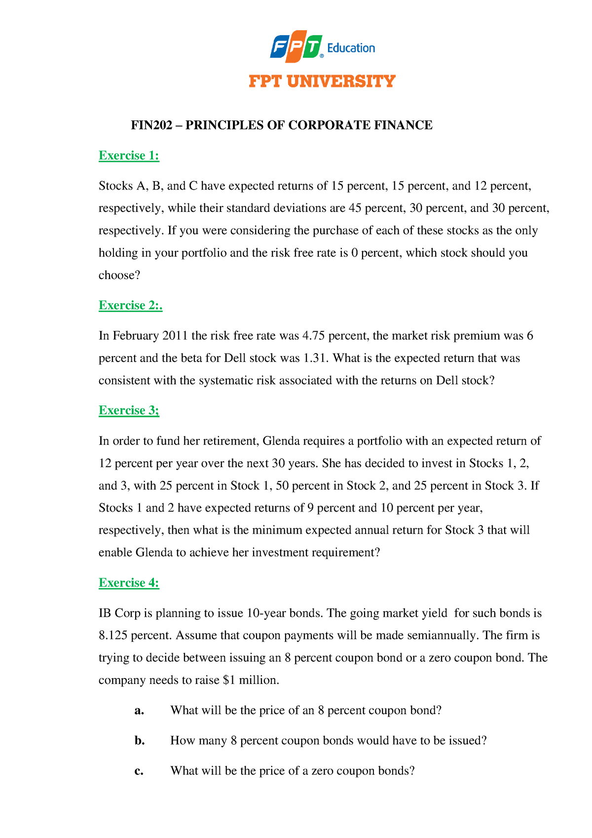 FIN202-Practice Exxercise - FIN202 – PRINCIPLES OF CORPORATE FINANCE ...