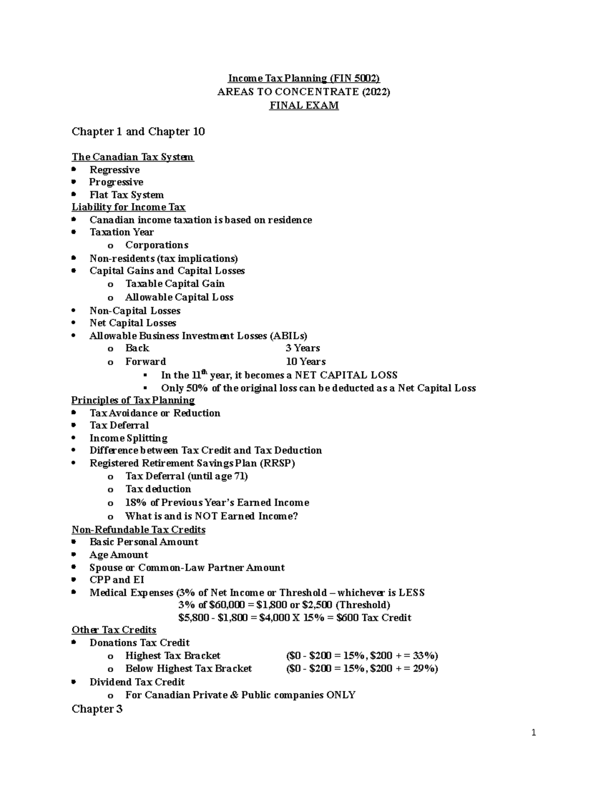 Tax Planning (Areas to Concentrate Humber FIN 5002 Final Exam
