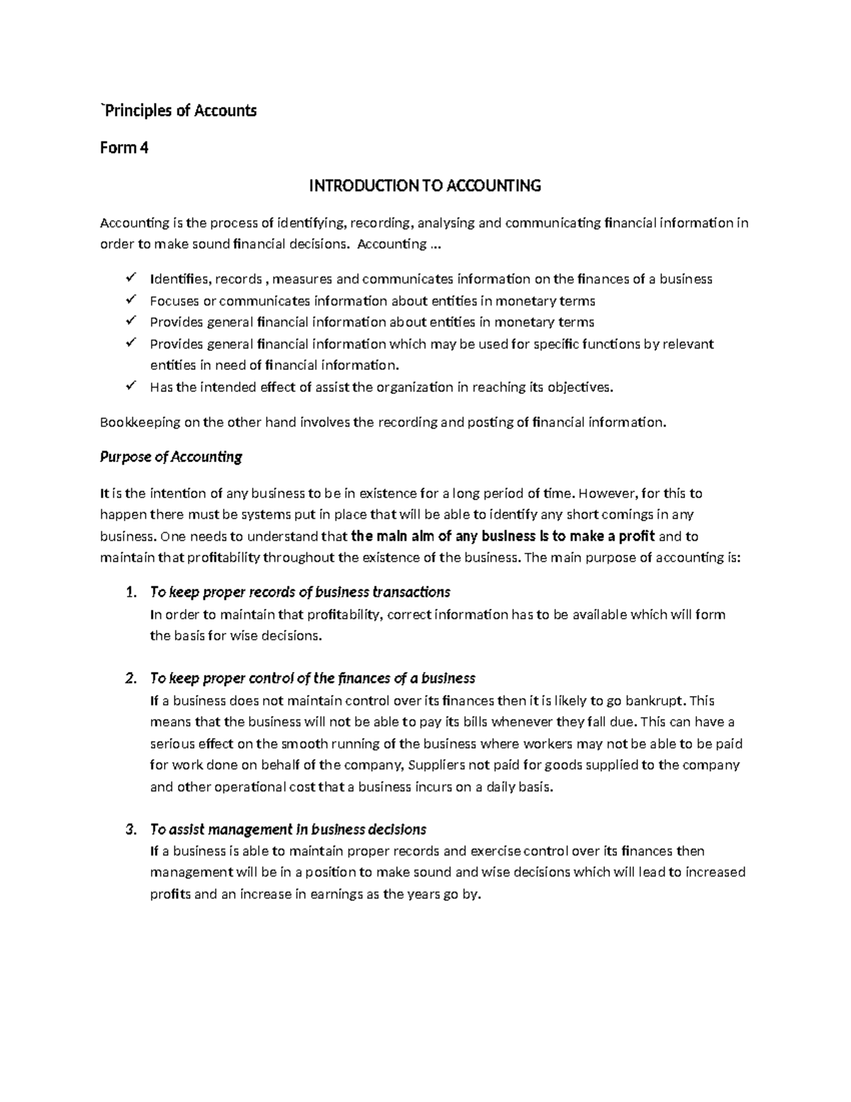 Introduction to Principles of Accounts - `Principles of Accounts Form 4 ...