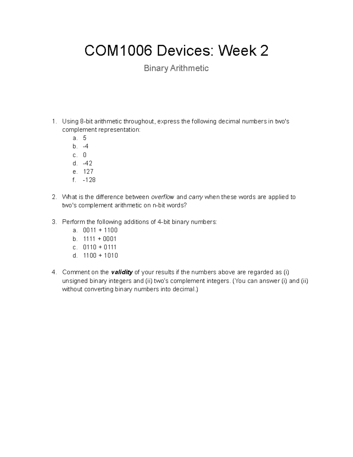 Labsheet - Week 2 - COM1006 Devices: Week 2 Binary Arithmetic 1. Using ...