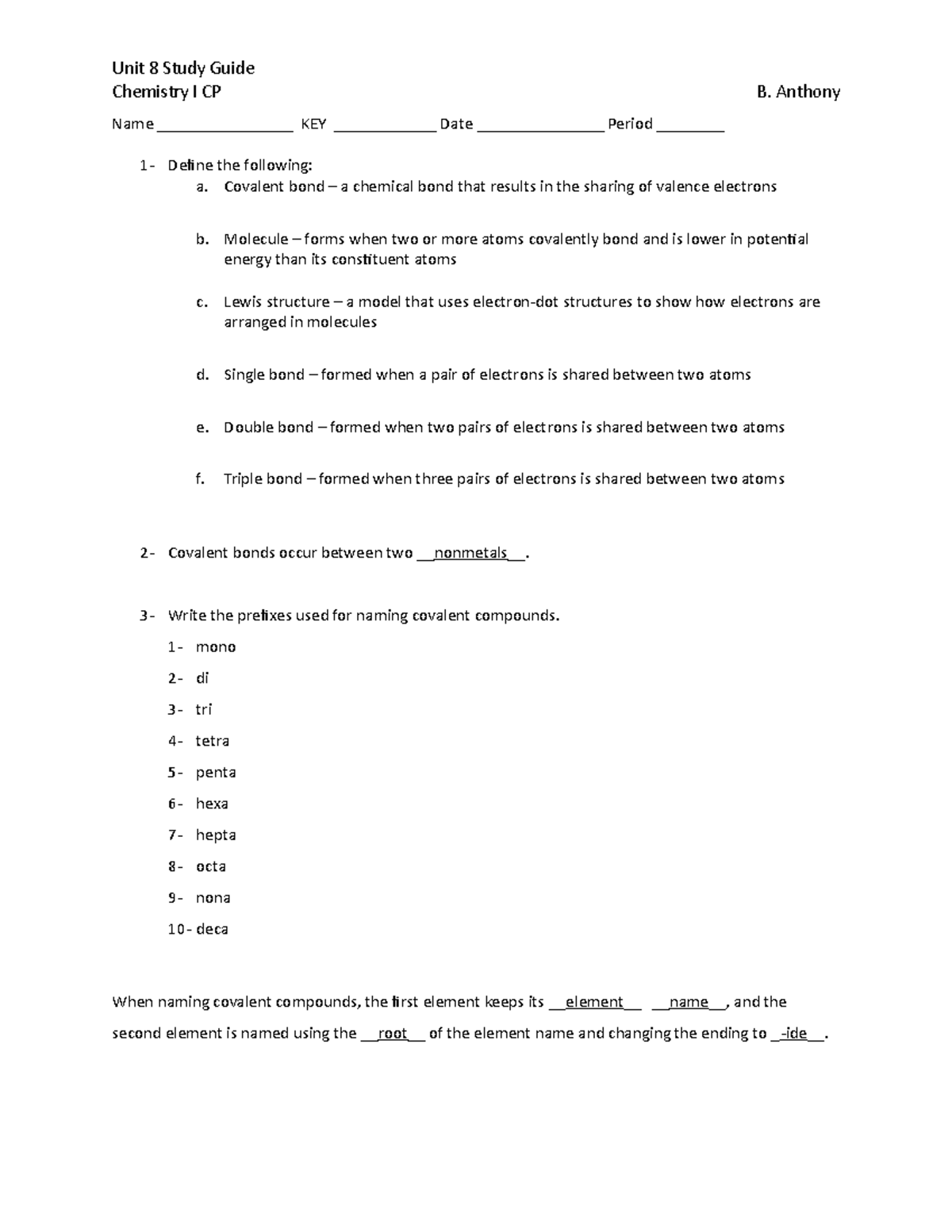 Covalent SGuide KEY - Fjdjdjdjd - Chemistry I CP B. Anthony Name ...