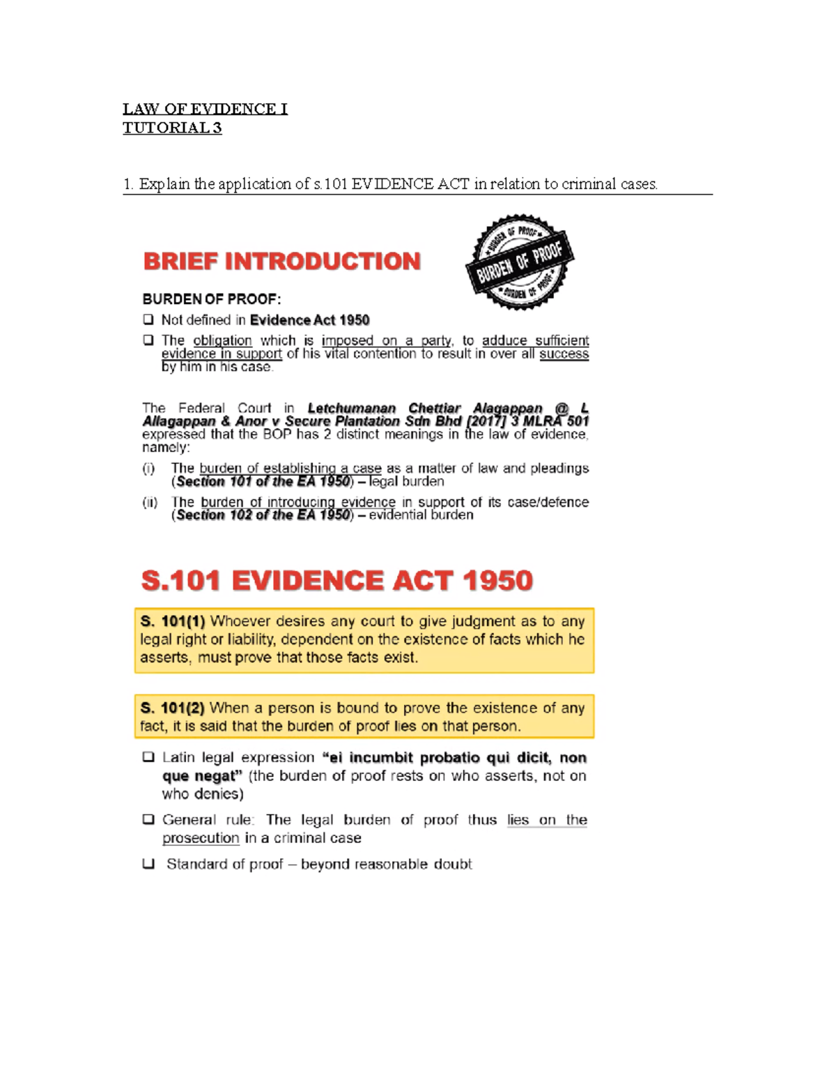 342794 Tutorial 3 Qs - LAW OF EVIDENCE I TUTORIAL 3 Explain the ...