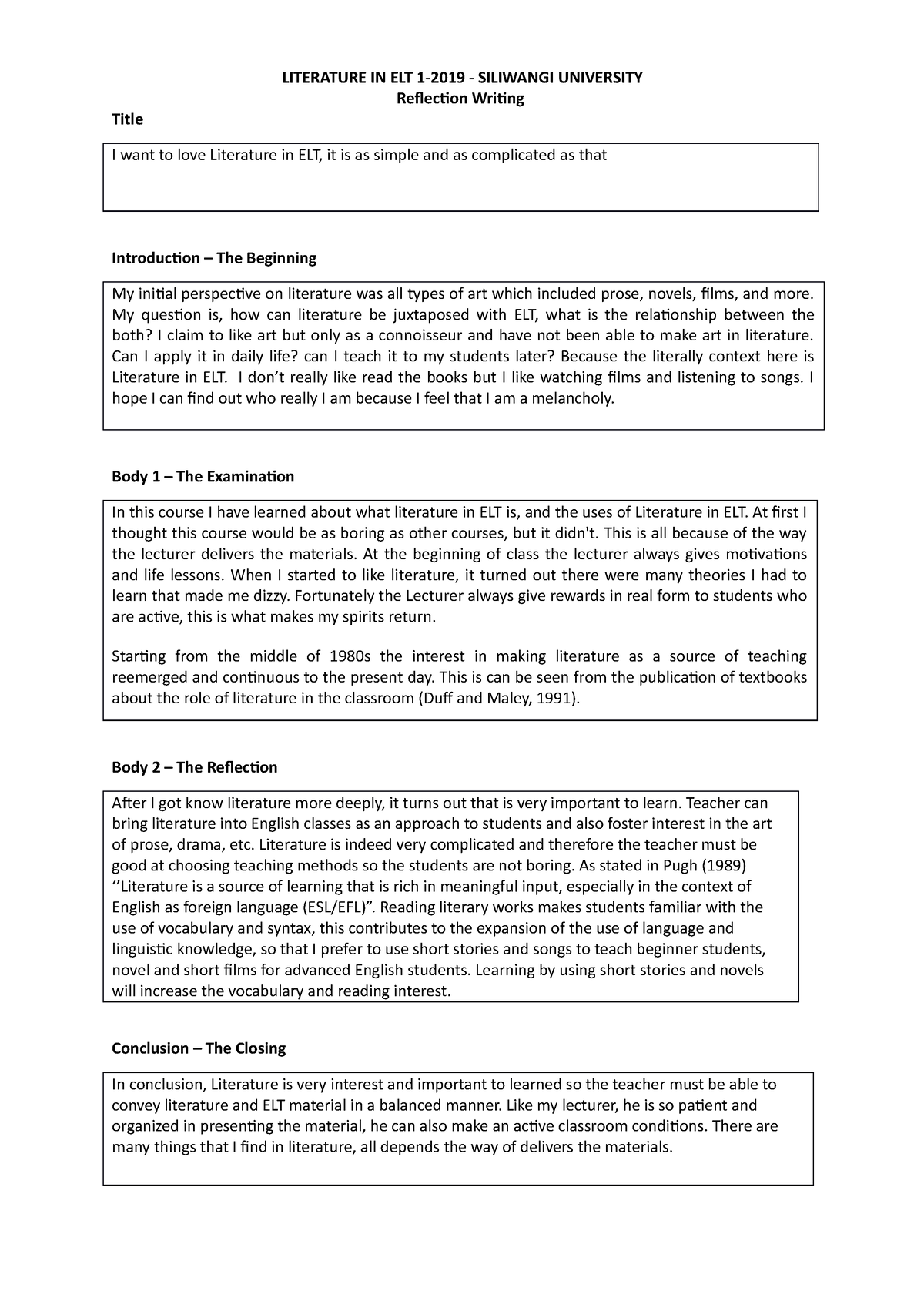 Online Reflection Assessment - LITERATURE IN ELT 1-2019 - SILIWANGI ...