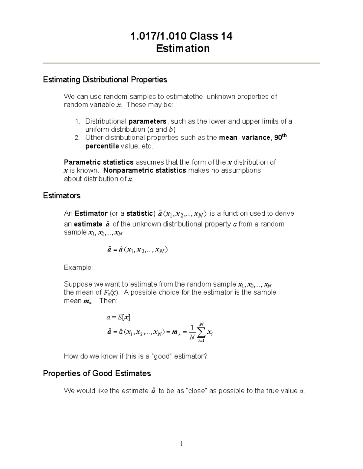 Estimation - Lecture Notes 1-4 - 1.017/1 Class 14 Estimation Estimating ...