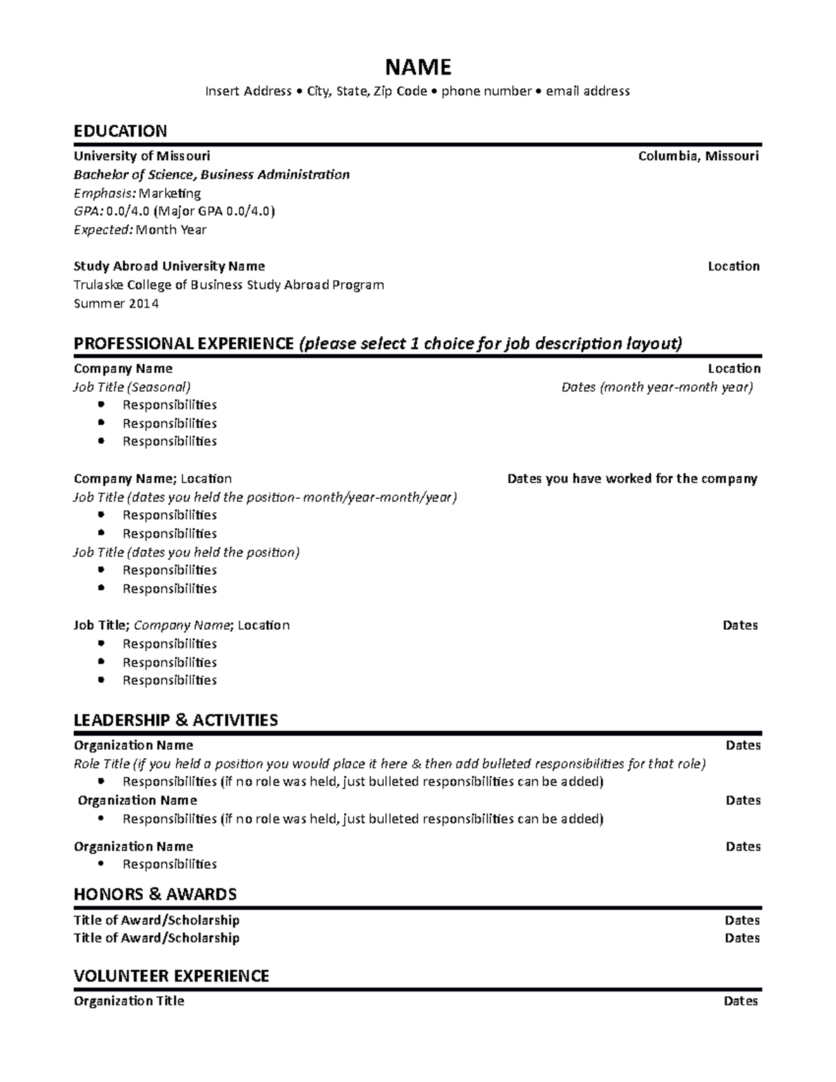 Sample Resume Template - NAME Insert Address • City, State, Zip Code ...