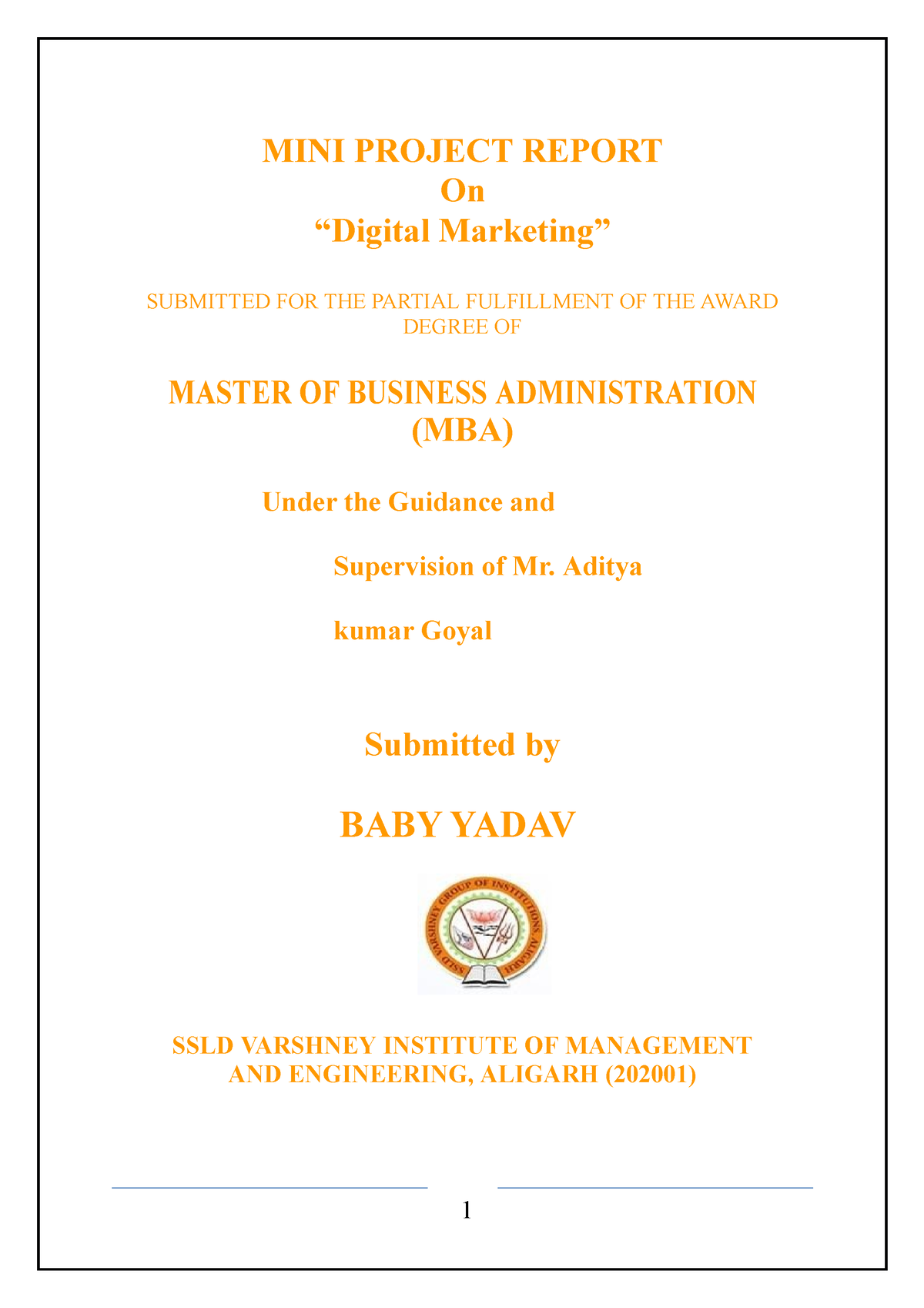 MINI Project Report Baby - Masters Of Business Administration - AKTU ...