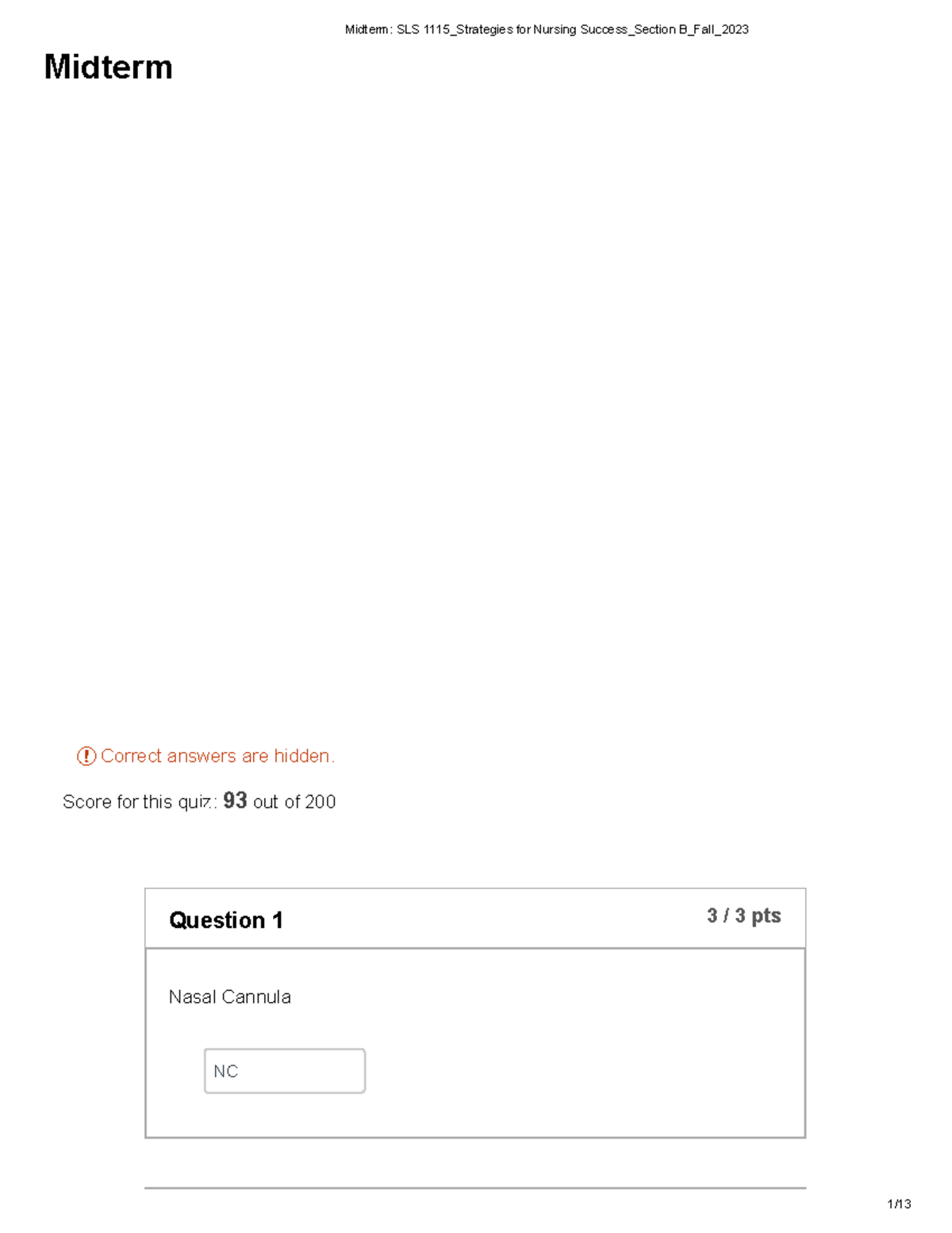 Midterm SLS 1115 Strategies for Nursing Success Section B Fall 2023 ...