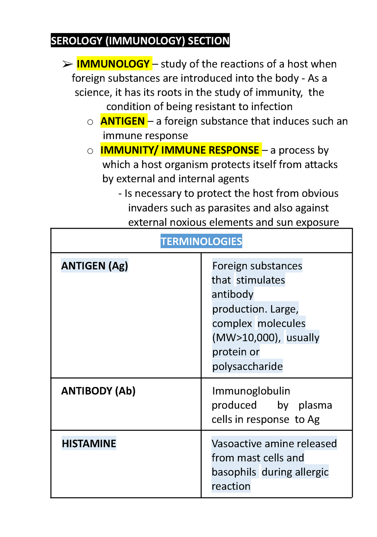 Immunology Serology - GUIDES - SEROLOGY (IMMUNOLOGY) SECTION IMMUNOLOGY ...