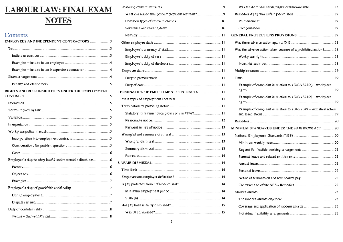 Labour Law - 2228 - LABOUR LAW: FINAL EXAM NOTES EMPLOYEES AND ...