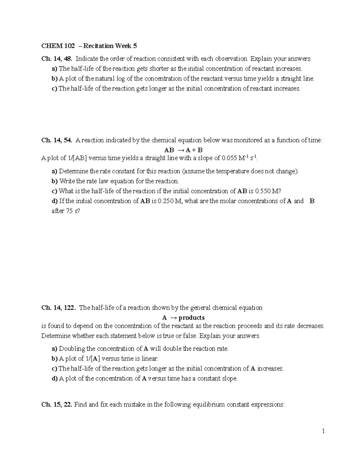 CHEM 102 Recitation Week 5 W23 - CHEM 102 – Recitation Week 5 Ch. 14 ...