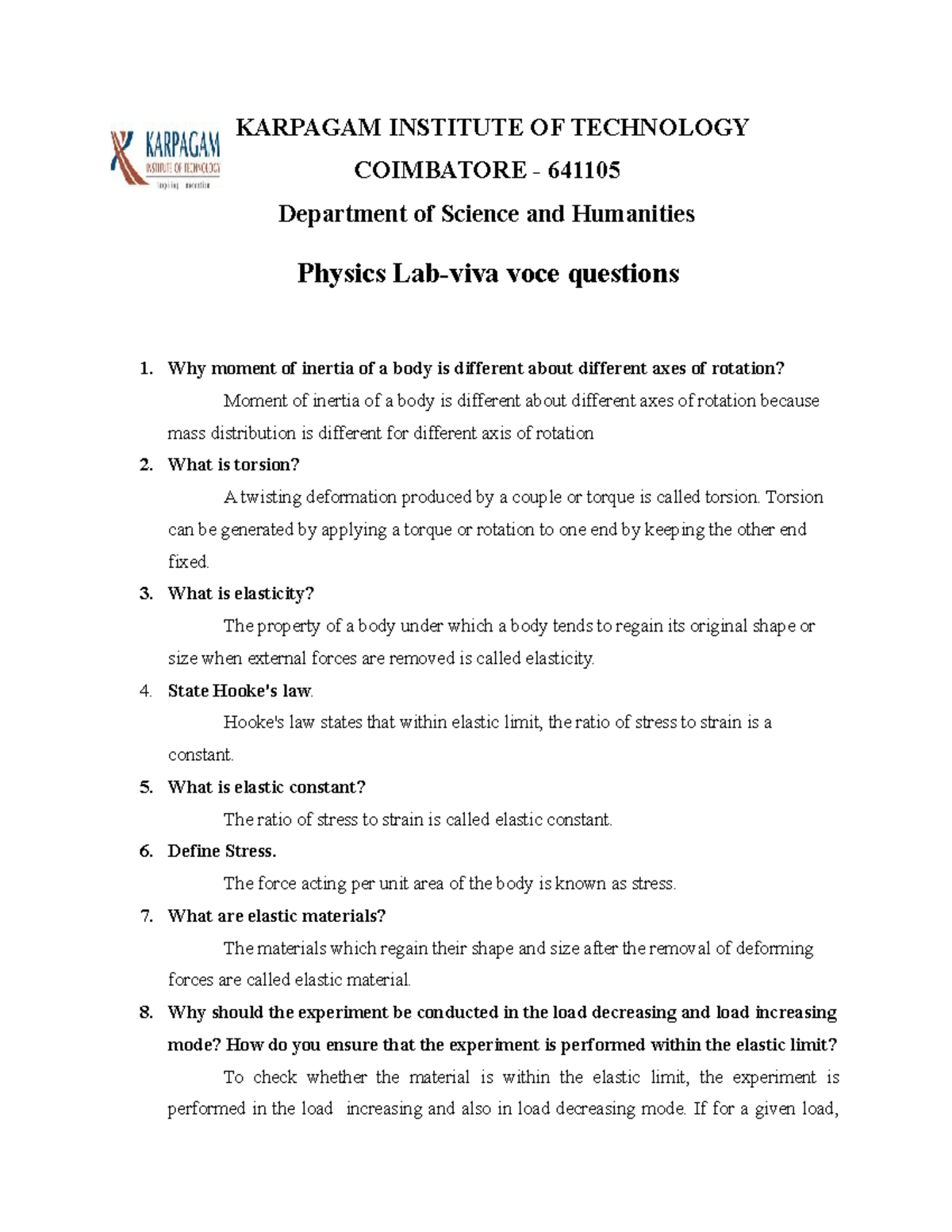 Physics Labviva voce questions KARPAGAM INSTITUTE OF TECHNOLOGY COIMBATORE 641105