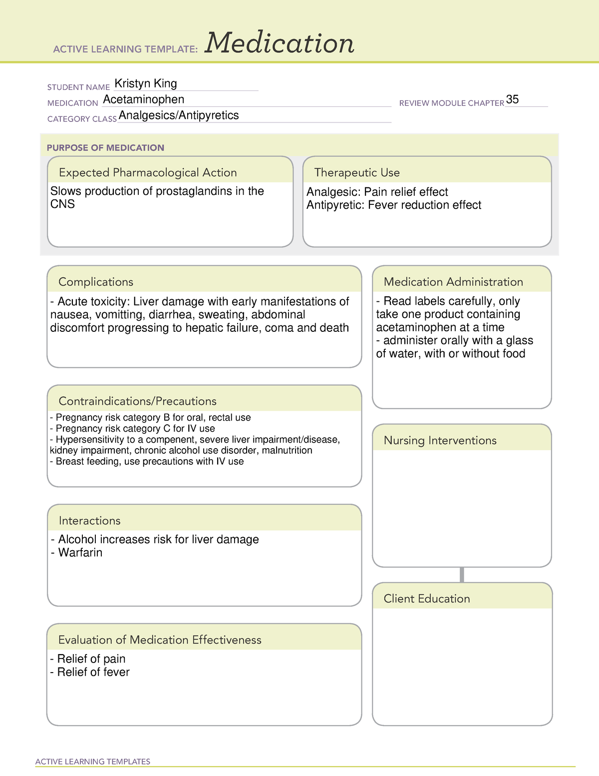 Acetaminophen ATI Med Sheet ACTIVE LEARNING TEMPLATES Medication