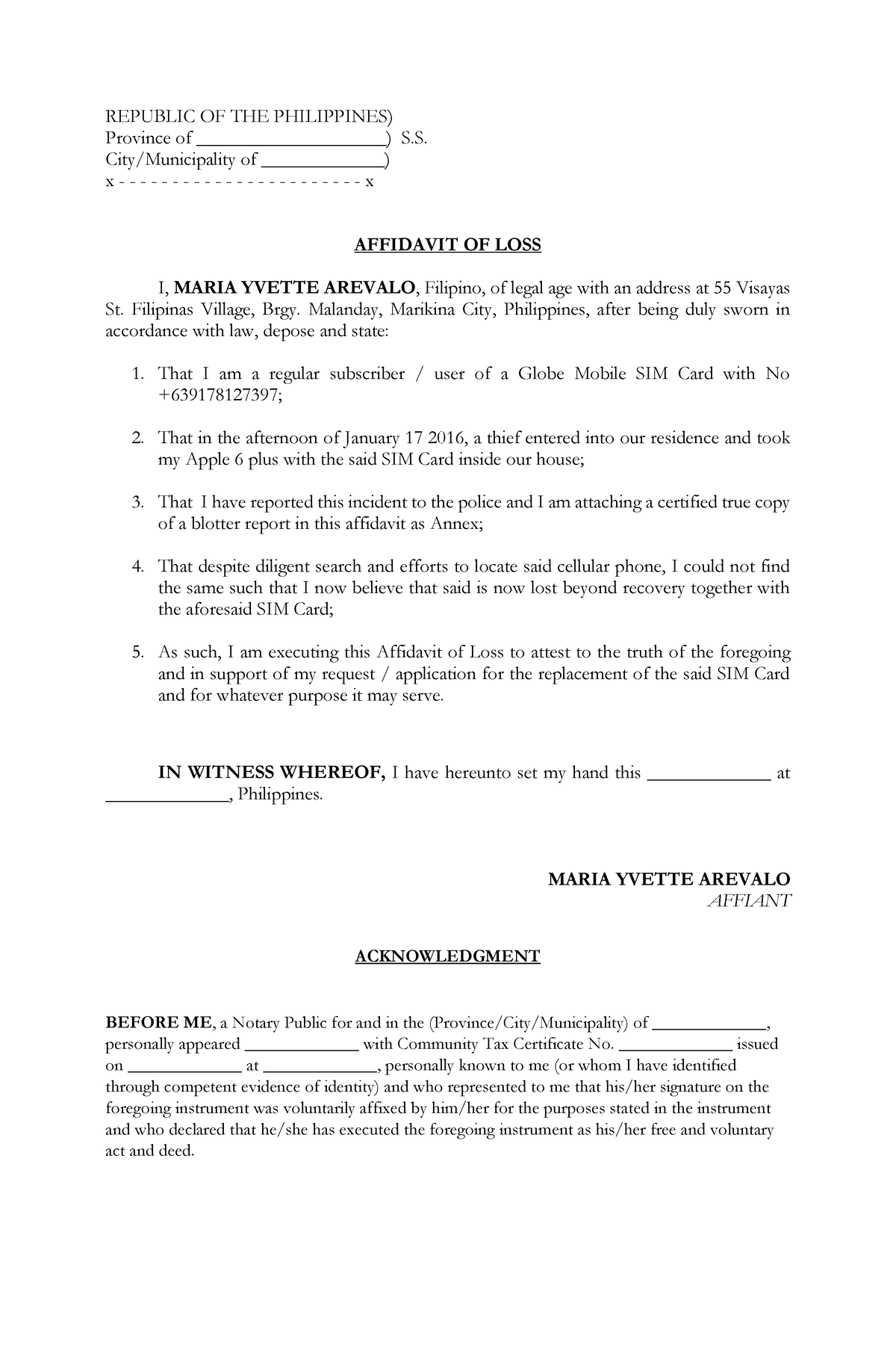 affidavit of loss - REPUBLIC OF THE PHILIPPINES) Province of ...