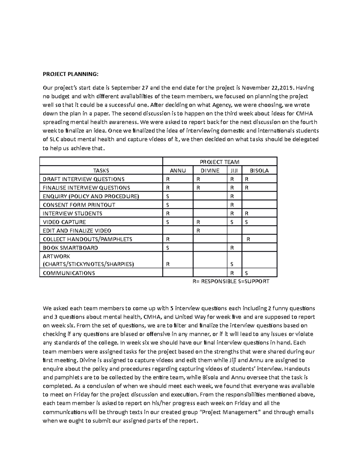 Project Planning - PROJECT PLANNING: Our project’s start date is ...