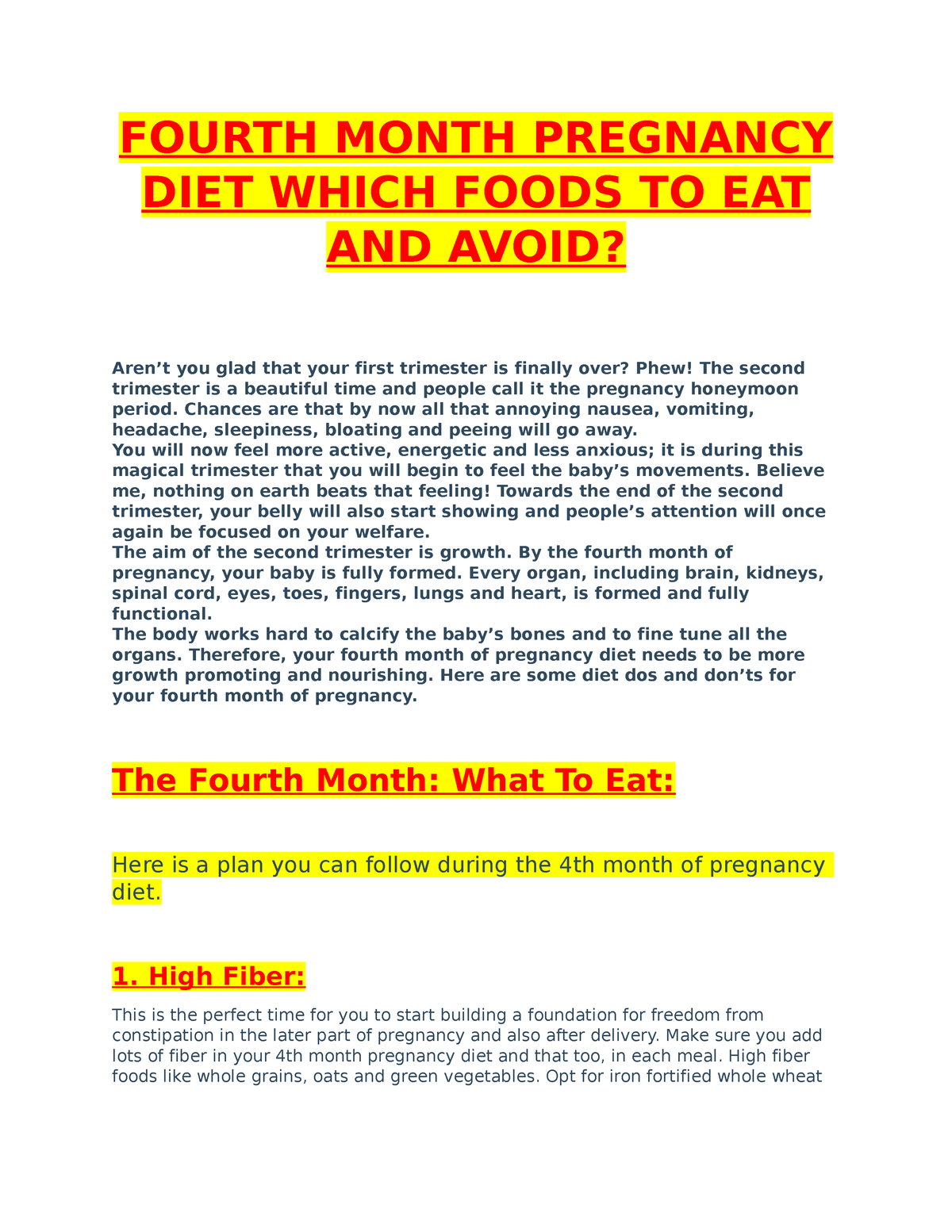 Fourth Month Pregnancy DIET Which Foods TO EAT AND Avoid FOURTH MONTH