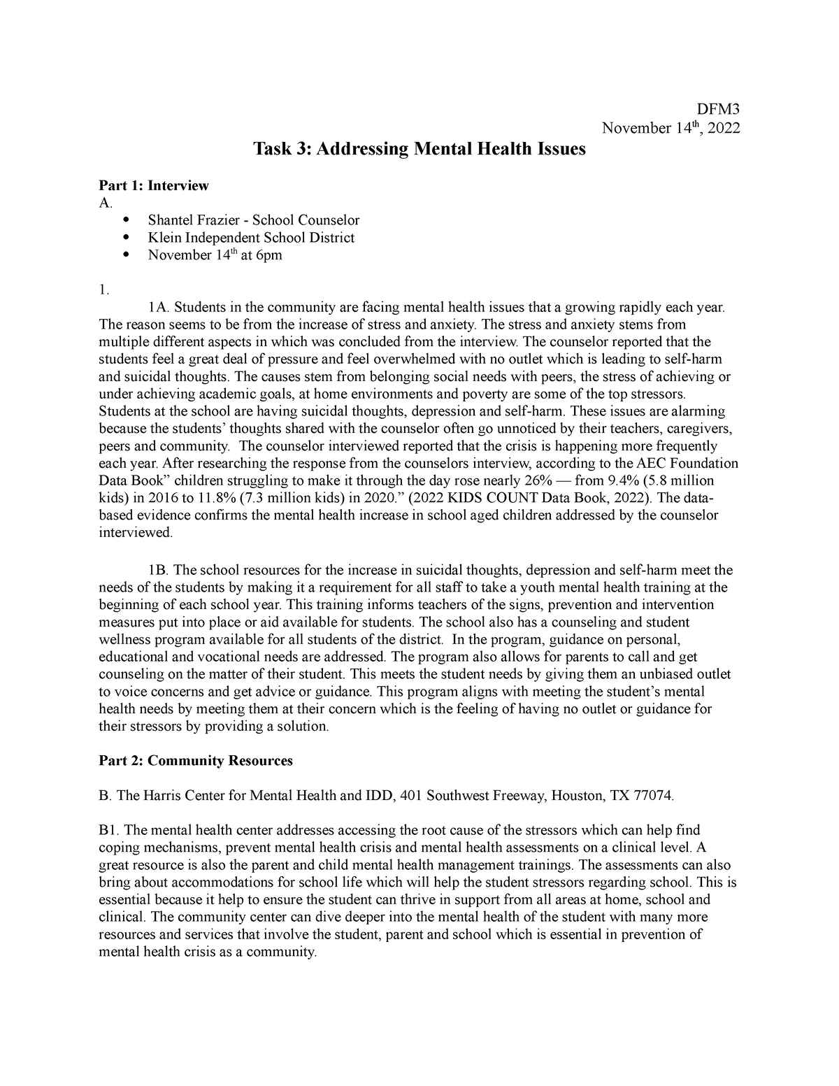 Task 3 Mental Health Issues - DFM November 14th, 2022 Task 3 ...