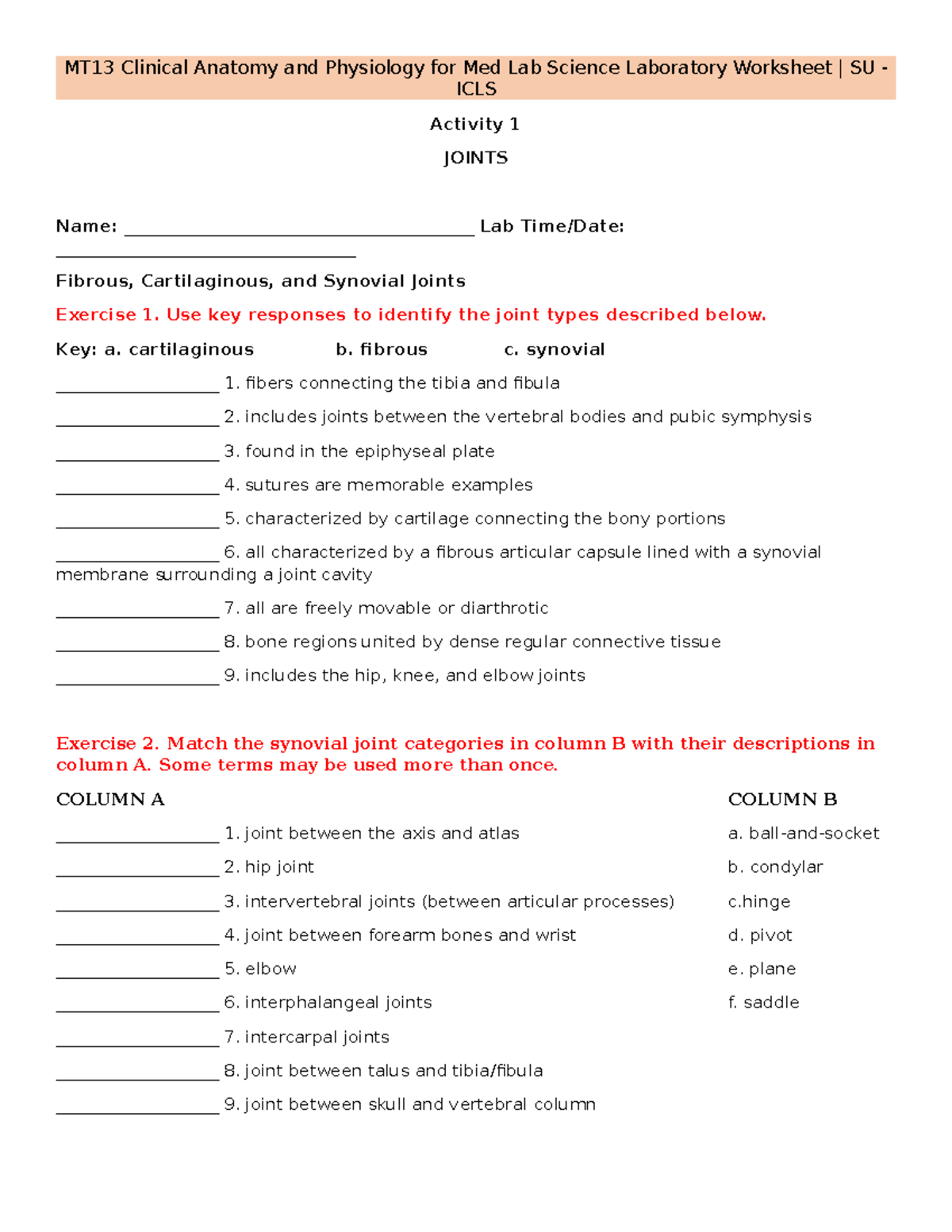 Activity 1 ( Joints) - Notes - MT13 Clinical Anatomy and Physiology for ...
