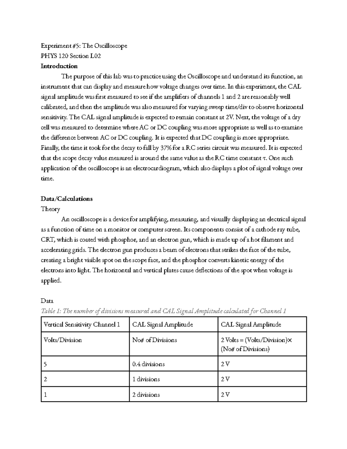 Experiment #5 The Oscilloscope - Experiment #5: The Oscilloscope PHYS ...