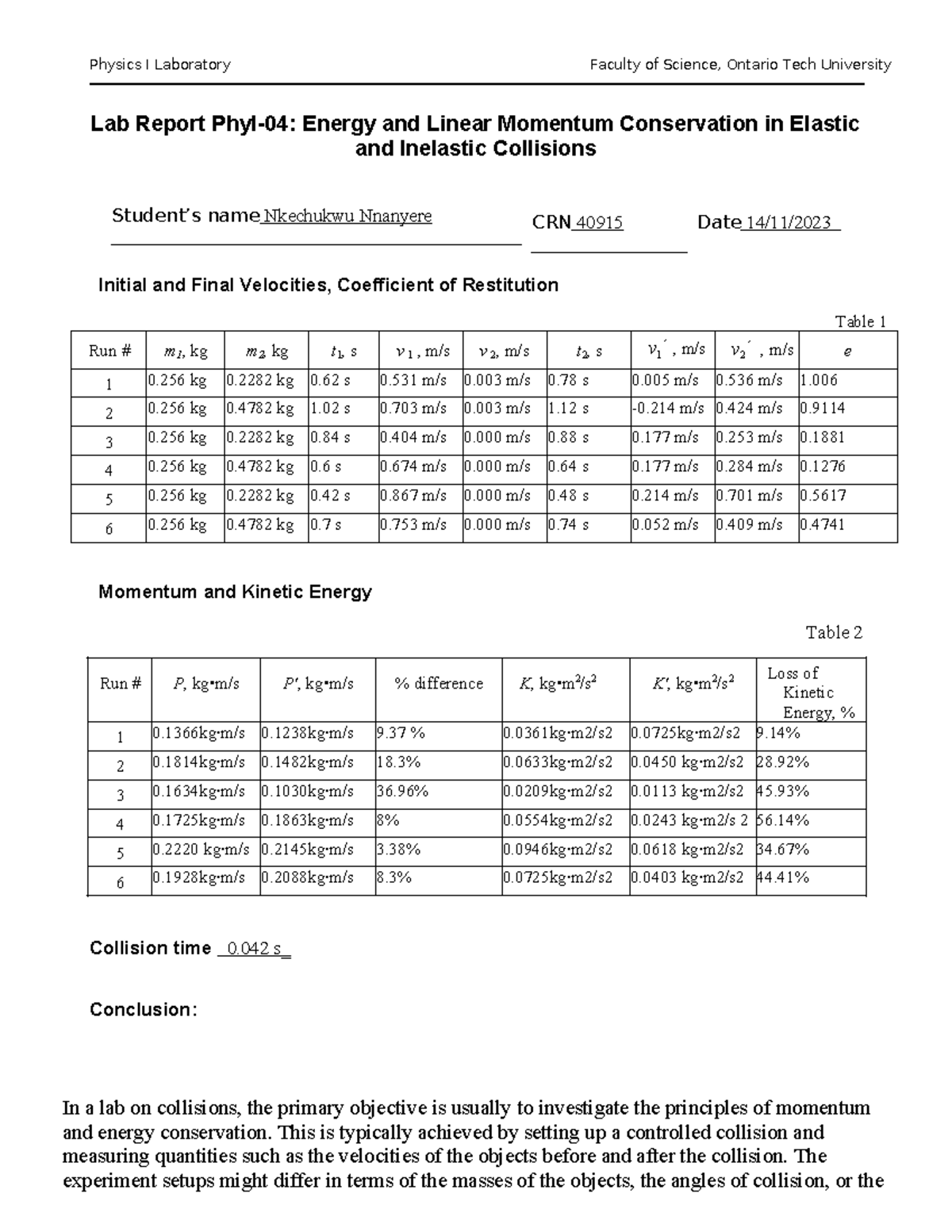 Collisions Report - Physics I Laboratory Faculty of Science, Ontario ...