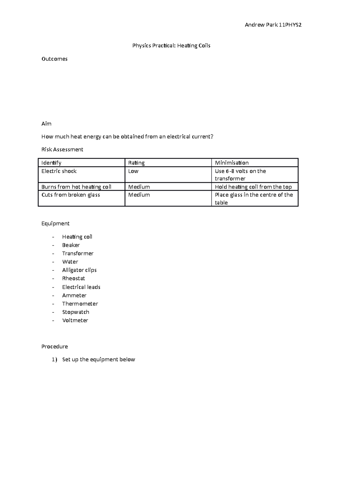 Physics Practical Heating Coil Physics Practical Heating Coils