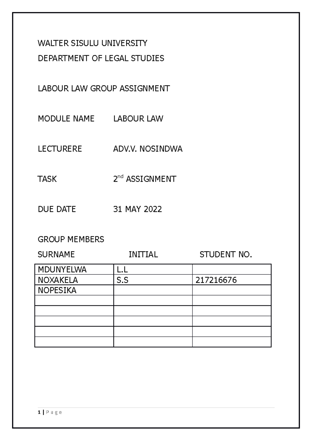 Labour LAW Group Assignment - WALTER SISULU UNIVERSITY DEPARTMENT OF ...