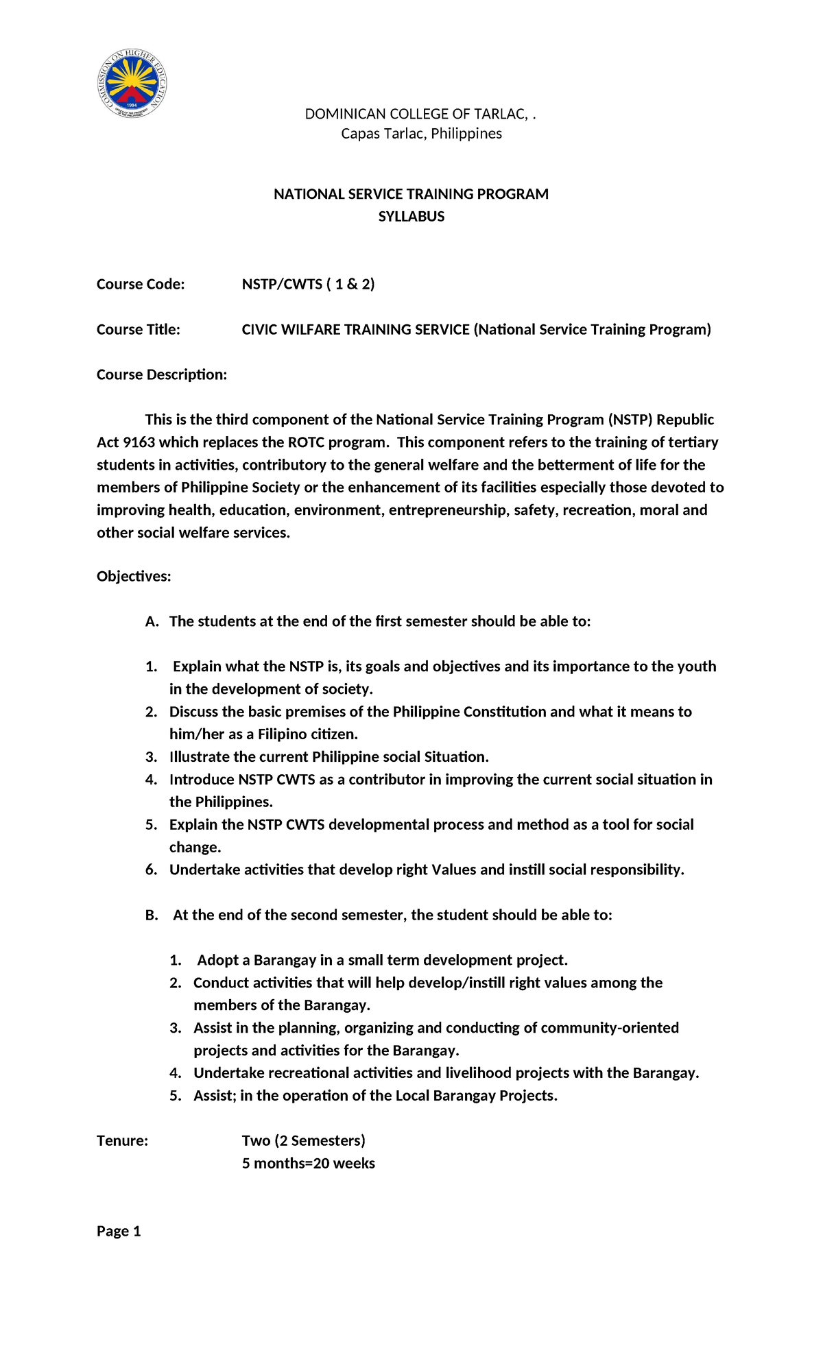 2 NSTP-CWTS 2024-25 Syllabus - Capas Tarlac, Philippines NATIONAL ...
