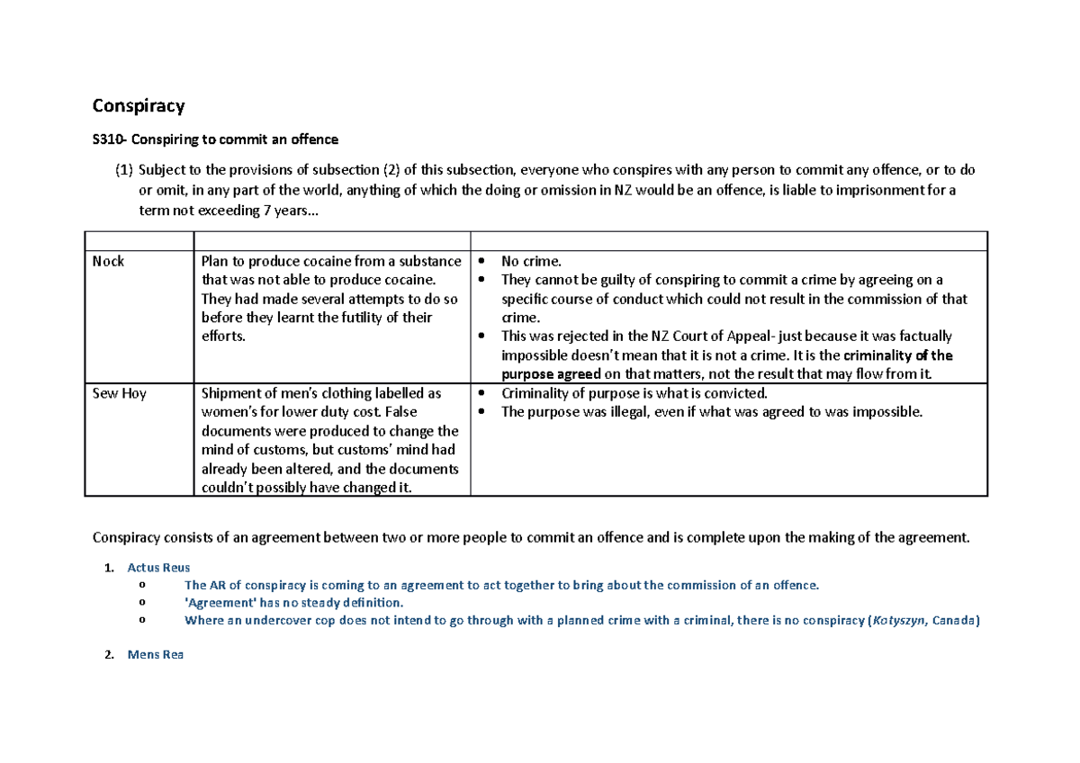 Conspiracy Cheat sheet - Conspiracy S310- Conspiring to commit an ...