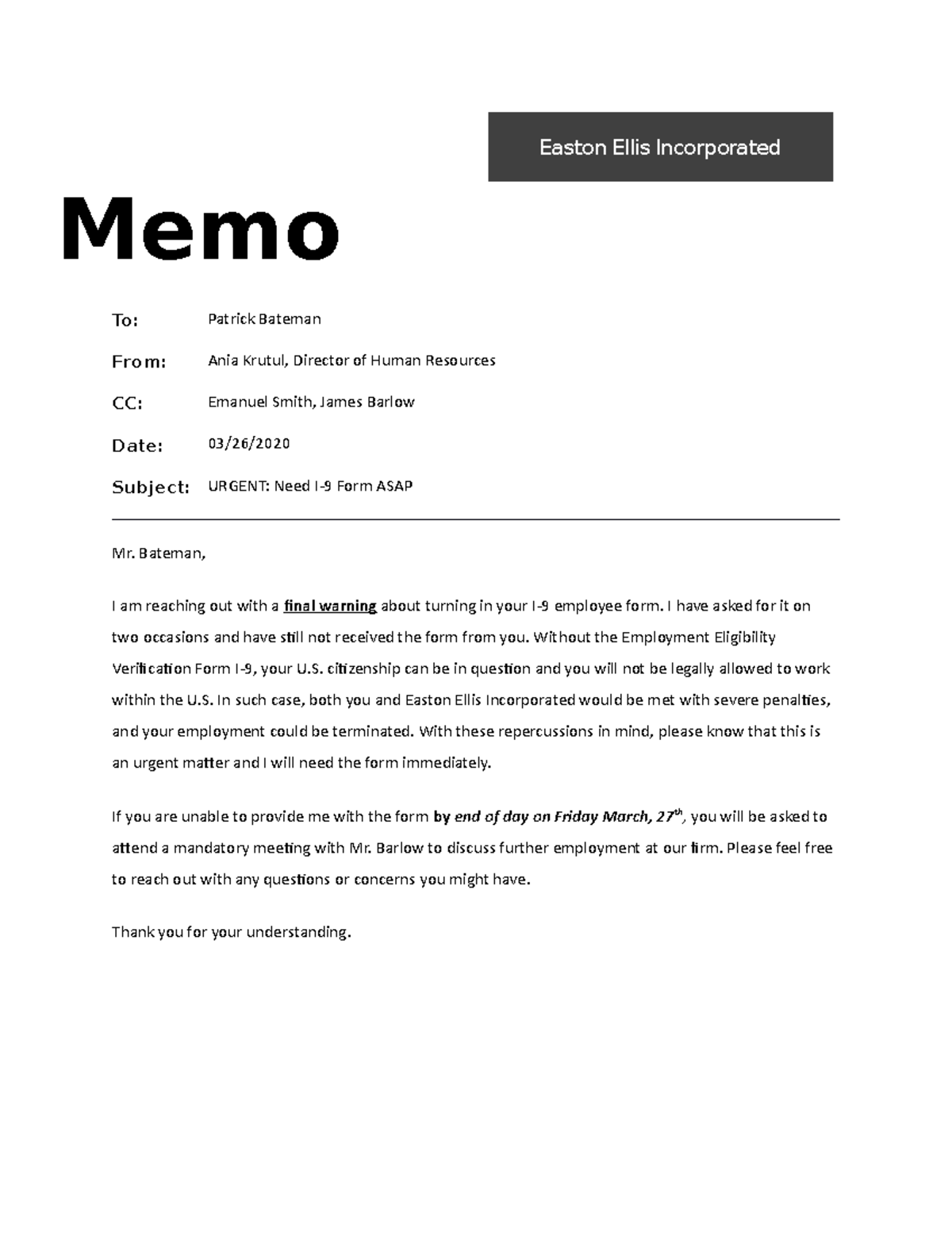 Memo 2 - Easton Ellis Incorporated Memo To: Patrick Bateman From: Ania ...