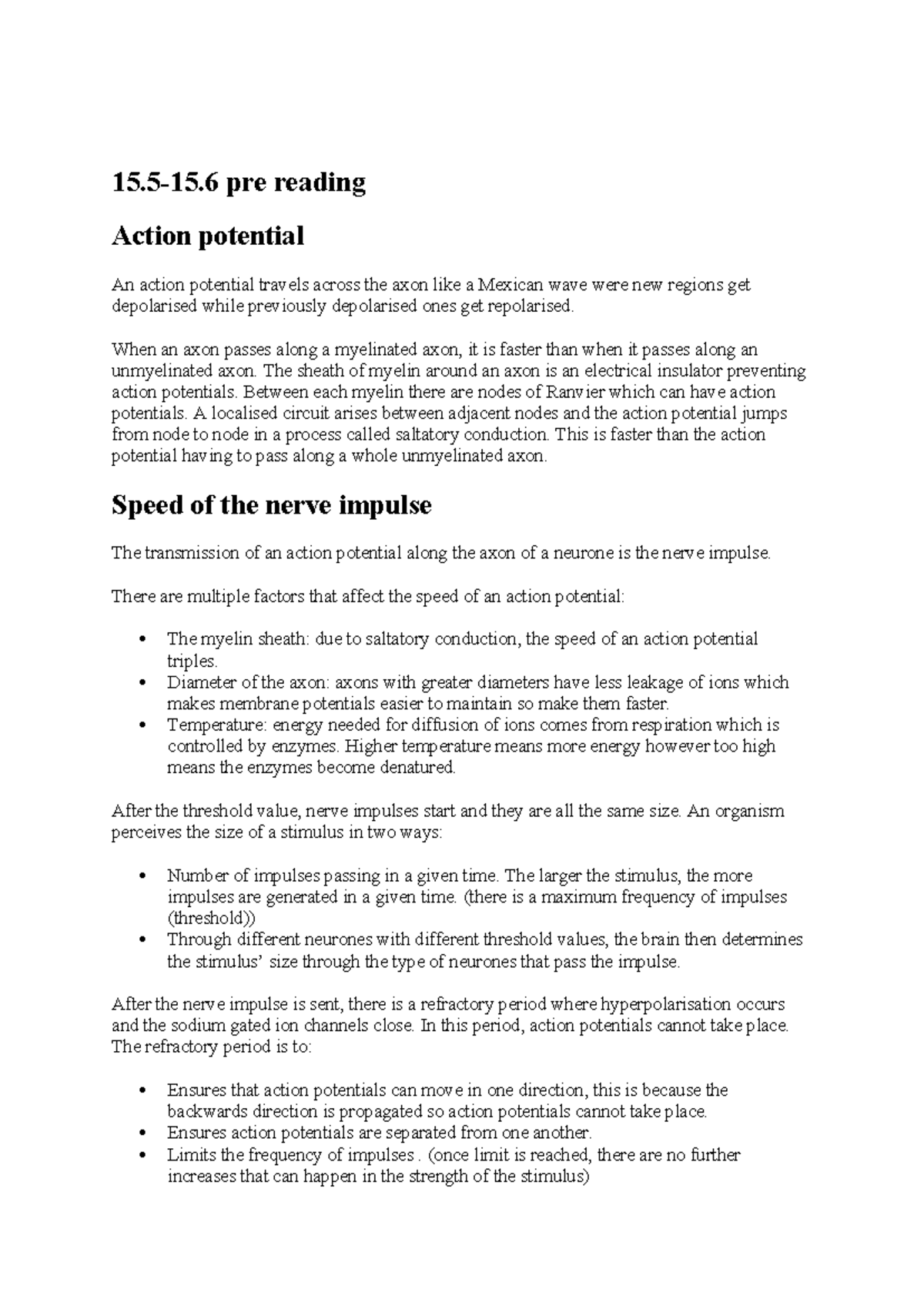15.5-15.6 pre reading - NOTES - 15.5-15 pre reading Action potential An ...