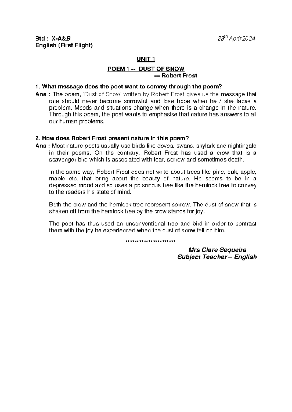 Unit 1, Poem 1 Dust of Snow (First Flight) Std XA&B 28 th April