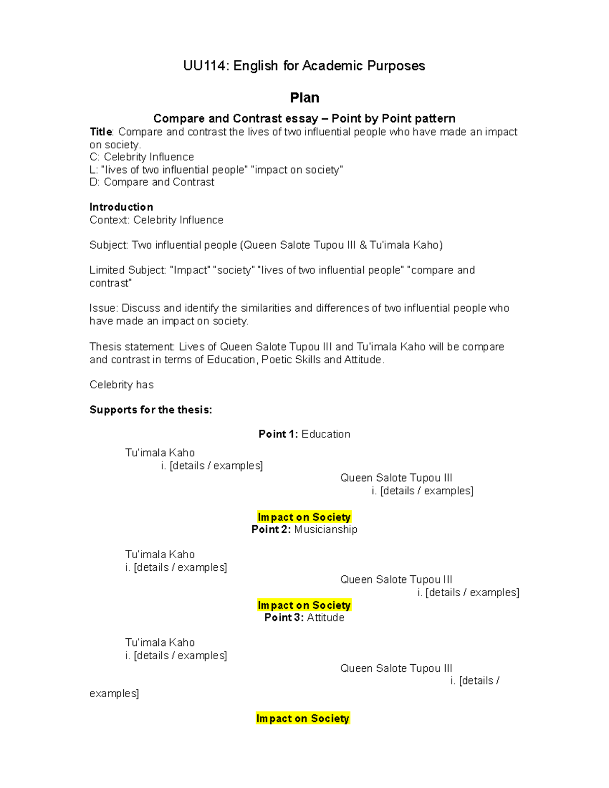 UU114 Assignment Plan - English for Academic Purposes - USP - Studocu