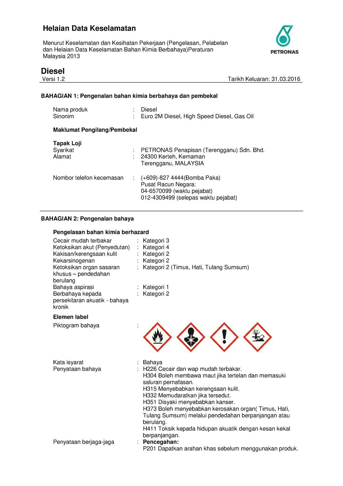 CSDS Diesel Petronas BM Menurut Keselamatan dan Kesihatan Pekerjaan