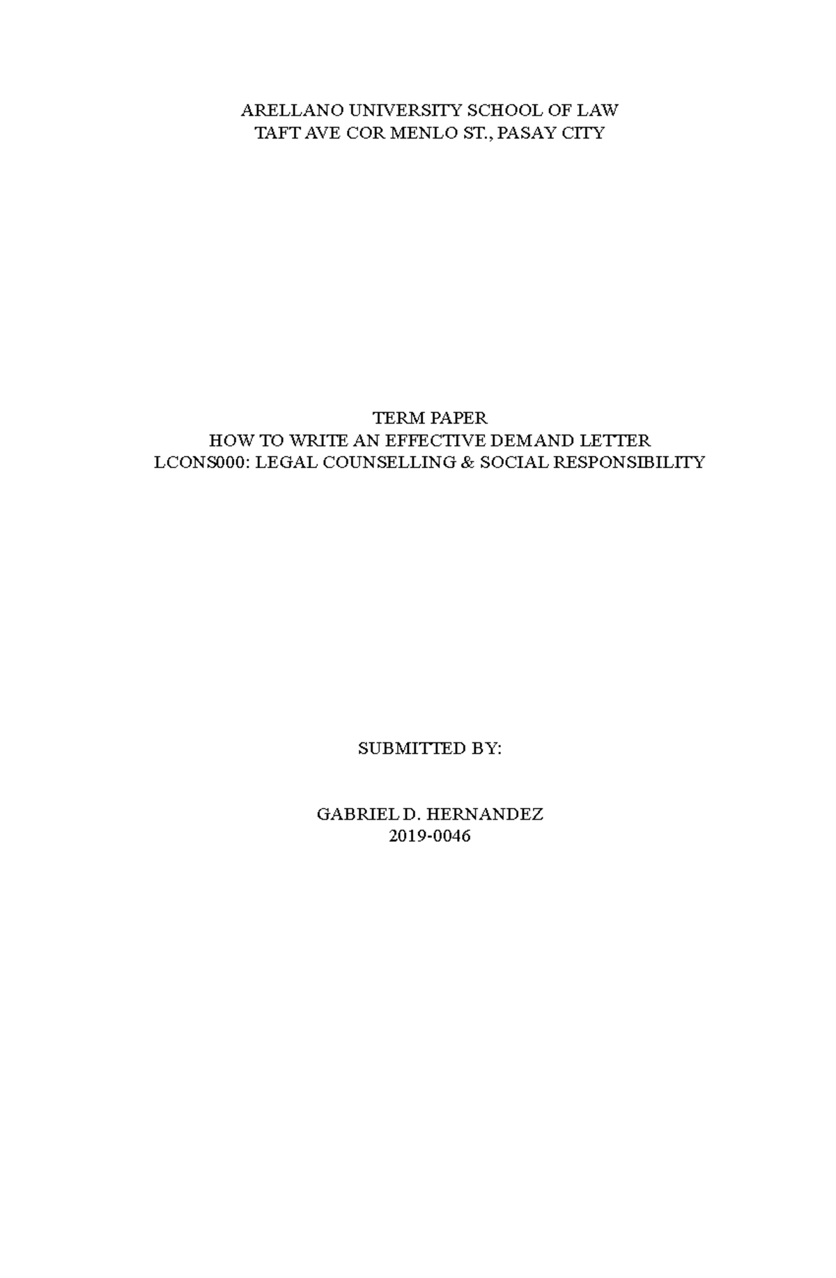 Leg Coun Paper In Re Demand Letter - ARELLANO UNIVERSITY SCHOOL OF LAW ...