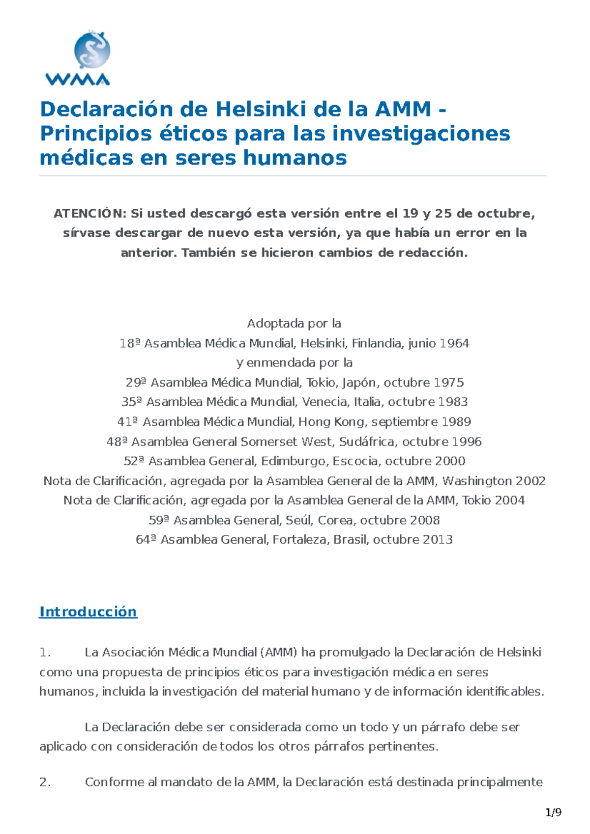 Declaracion Helsinki Bioetica Studocu