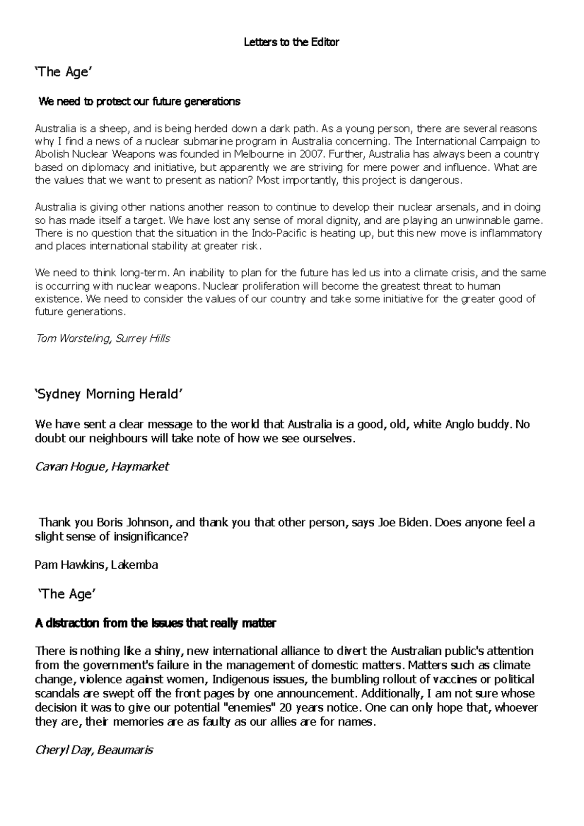 Letters to the editor - Letters to the Editor ‘The Age’ We need to ...