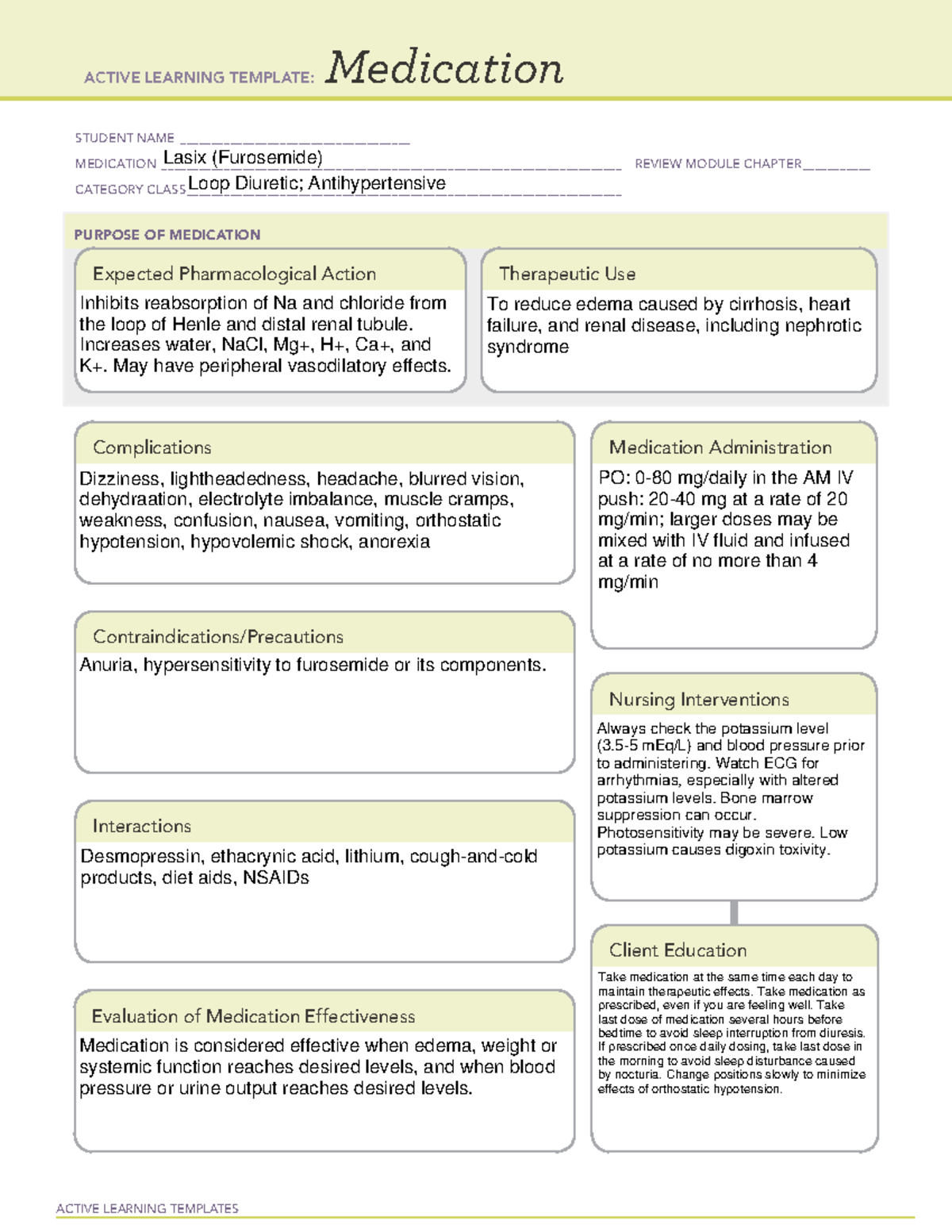 Lasix - furosemide - drug cards - ACTIVE LEARNING TEMPLATES Medication ...