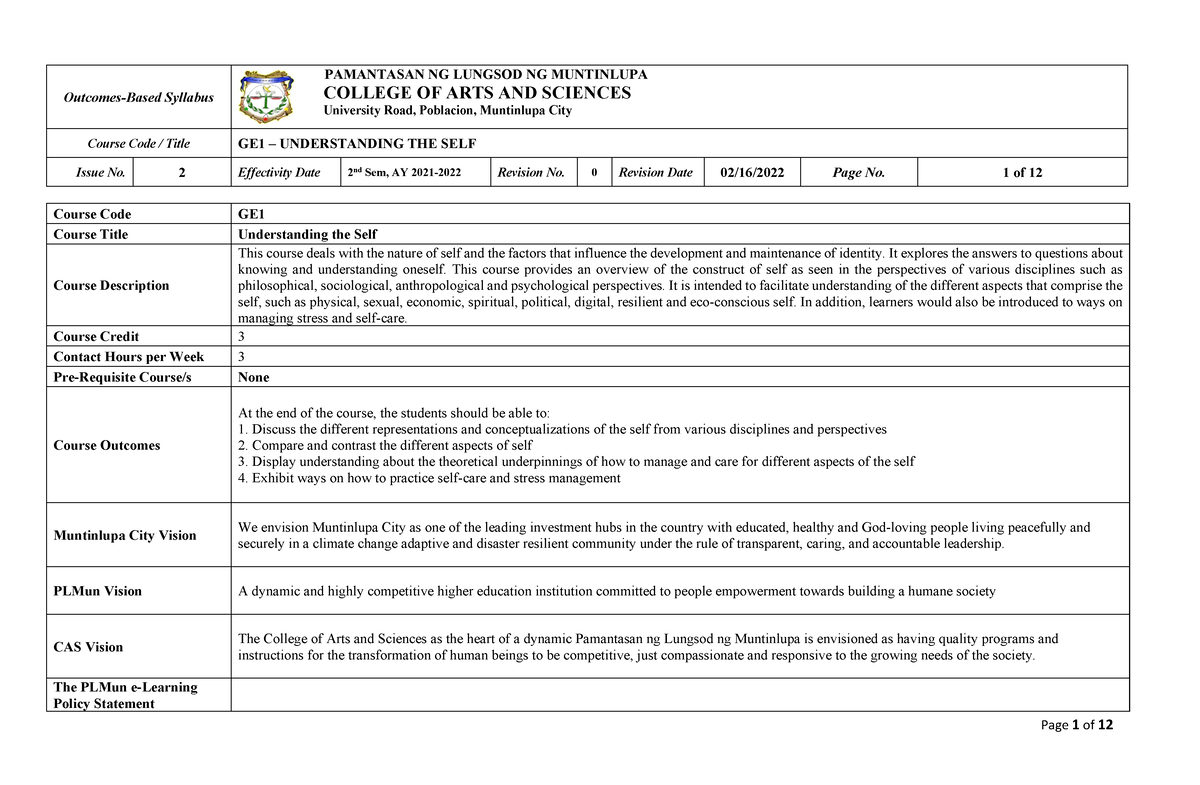 GE1 - Lesson - Outcomes-Based Syllabus PAMANTASAN NG LUNGSOD NG ...