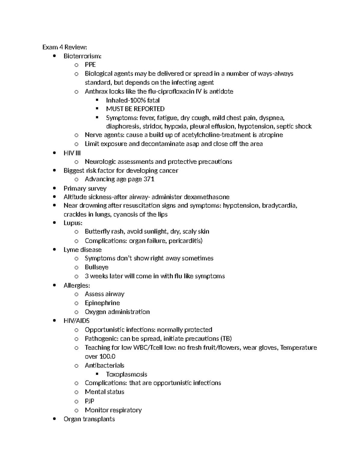 Exam 4 Review - Notes - Exam 4 Review: Bioterrorism: o PPE o Biological ...