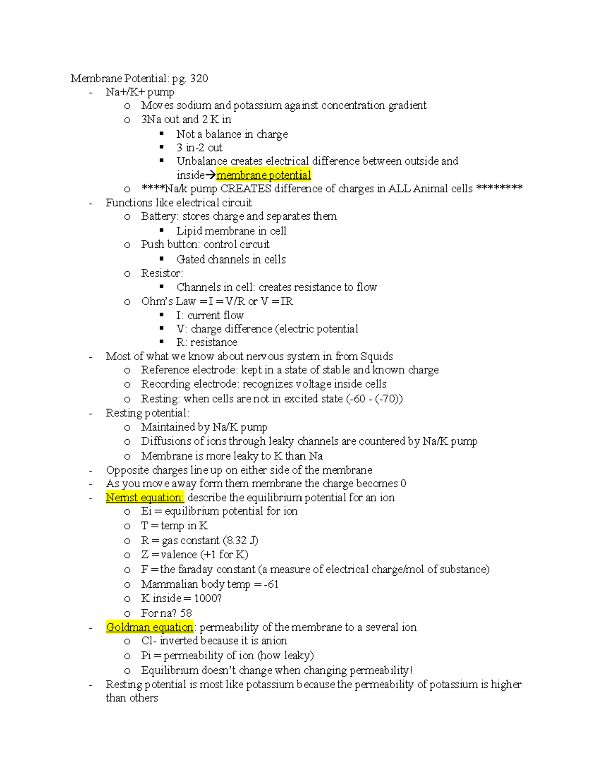 Test 2 Notes Membrane Potential pg. 320 Na+/K+ pump o Moves sodium