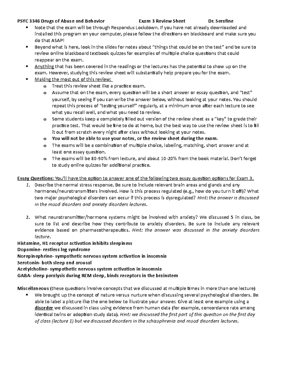 Exam 3 review sheet - PSYC 3346 Drugs of Abuse and Behavior Exam 3 ...