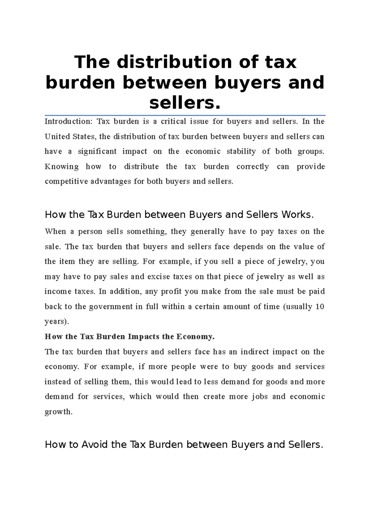 The distribution of tax burden between buyers and sellers