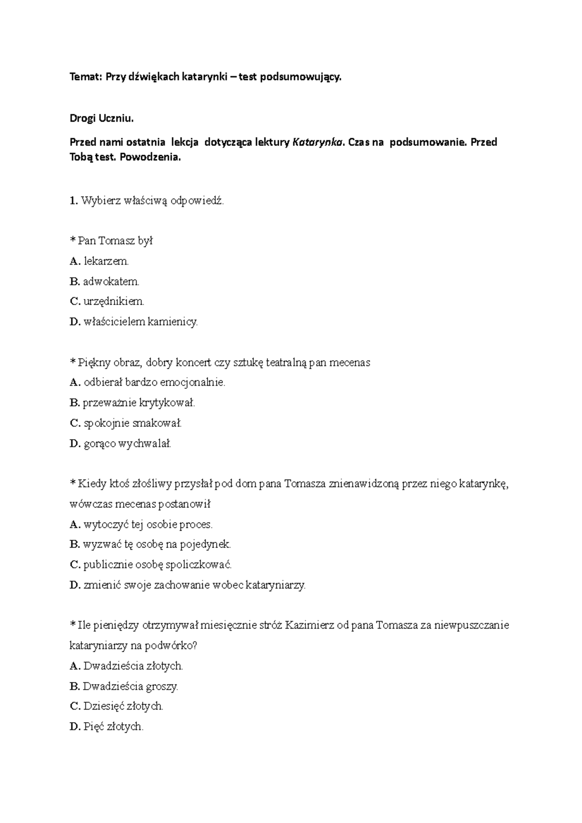 KL.5 Katarynka 5 Temat Przy dźwiękach katarynki test podsumowujący