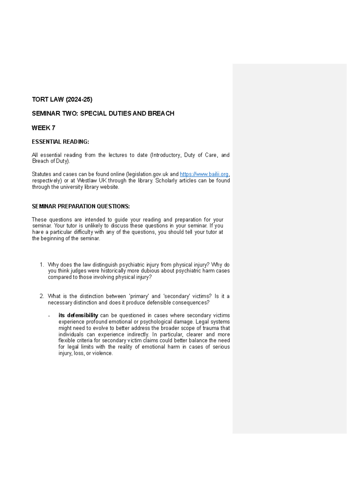 Tort 2024 - Seminar Two - Duty of Care and Breach - TORT LAW (2024-25 ...