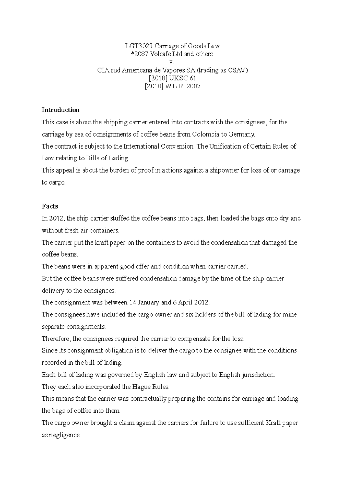 Carriage law essay assignment LGT3023 Carriage of Goods Law *2087