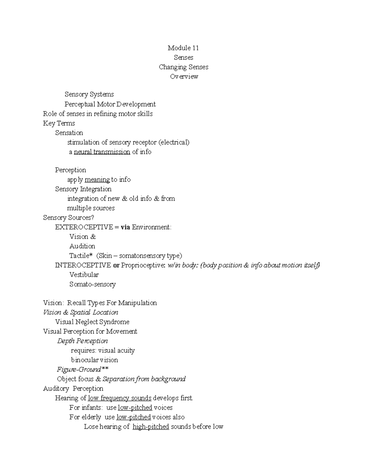 Motor Development Unit 4 Mod 11 2 Module 11 Senses Changing Senses